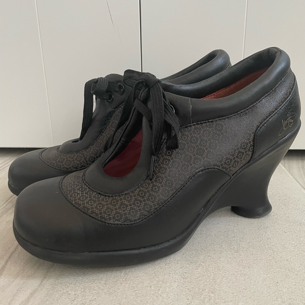 John Fluevog Black Lace-Up Wedge Heels with Patterned Panels